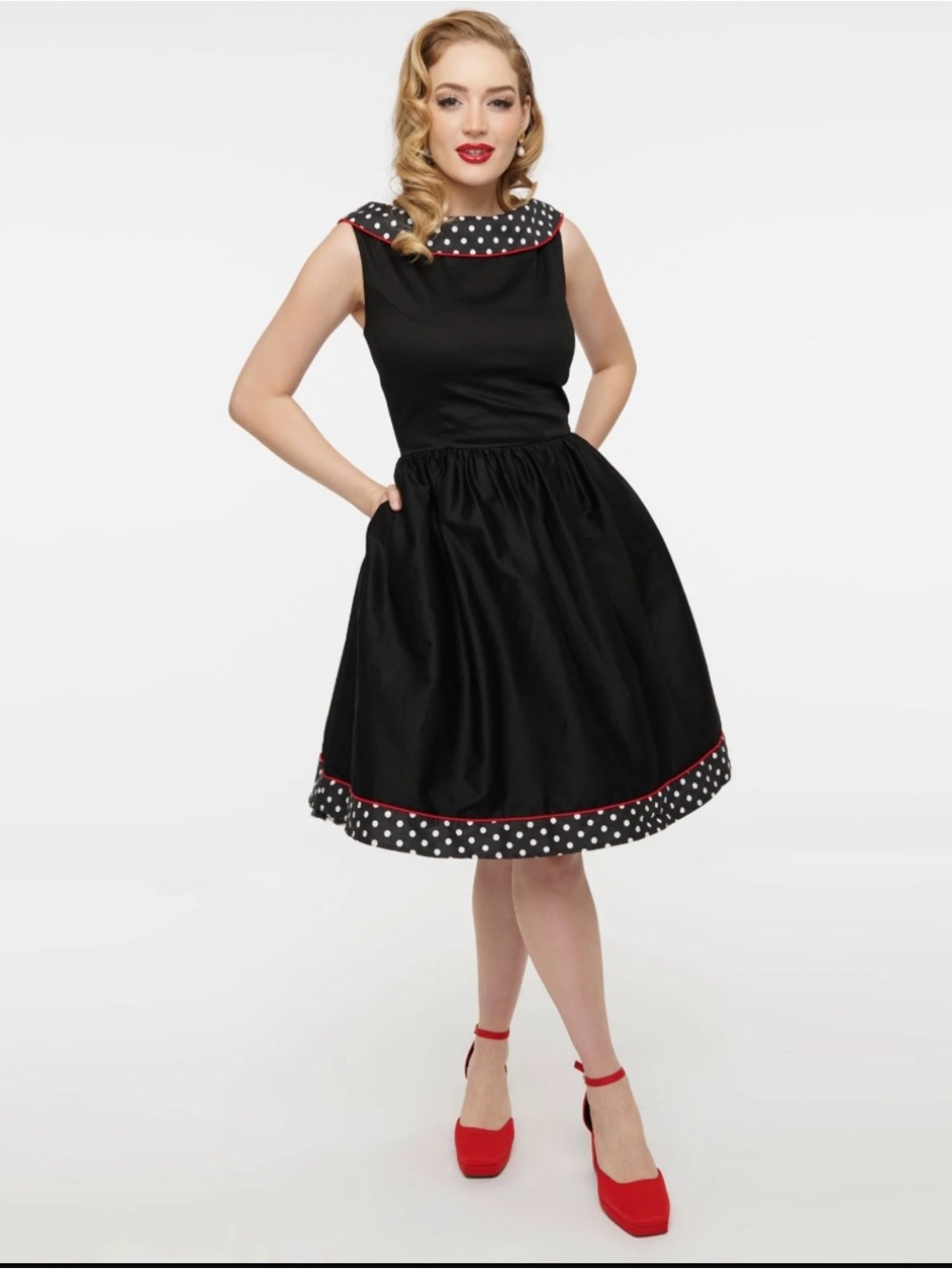 Vintage-Inspired Black Midi Dress with Polka Trim and Red Piping